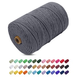 Uiopa Macrame Yarn, Grey, 3 mm x 200 m, Coloured Cotton Cord, Cotton Rope, Braided Cotton Yarn, Cotton Cord, 4 Strands Macrame Yarn for Wall Hanging, Hanging Plant, DIY Boho Decoration
