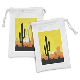 Ambesonne Saguaro Fabric Pouch Set of 2, Plants in Desert at Horizon Sunset Wild West American Cliffs Mexico View, Small Drawstring Bag for Toiletries Masks and Favors, 9" x 6", Yellow Orange Black