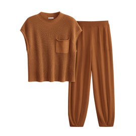 PRETTYGARDEN Womens Two Piece Outfits Sweater Sets Knit Pullover Tops And High Waisted Pants Matching Tracksuit Sweatsuit Set (Brown,XX-Large)