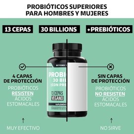 Probioticos 30 Billion UFC + Prebióticos + inulina de agave | 13 cepas | Con Tecnología de microencapsulación de 4 capas | Para Hombres y Mujeres | Si