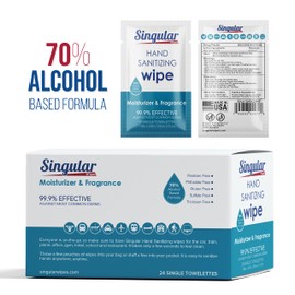 Hand Sanitizing Wipes Travel Size by Singular Wipes – 24ct Individually Wrapped | Fresh Citrus Scent, Moisturizing, 70% Alcohol Wipes | Travel, Office, School, Home | Made in USA