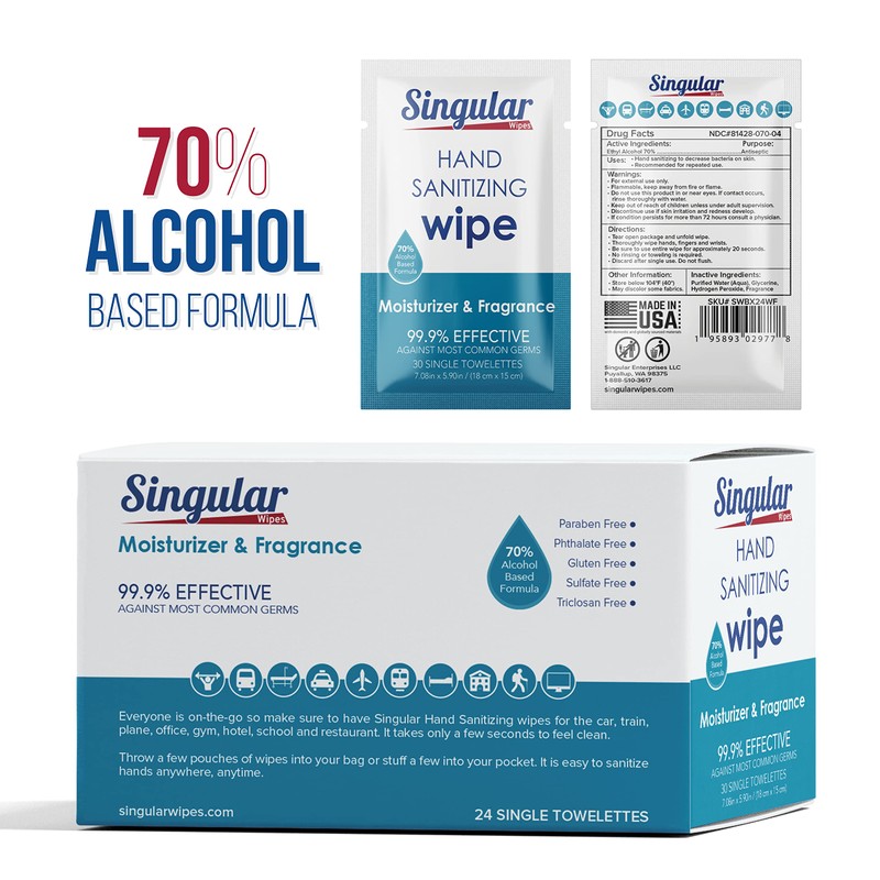 Hand Sanitizing Wipes Travel Size by Singular Wipes – 24ct