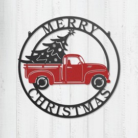 RealSteel Little Red Truck Hauling Christmas Tree Vintage Red Truck – Festive Tabletop Christmas Decoration, Rustic Winter Ornament, Holiday Gifts, Home Decor (18" Red & Black)