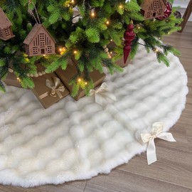 72-Inch Puff Quilt Faux Fur Christmas Tree Skirt, Soft Plush Tufted Texture with Satin Ribbon Ties, Cream White