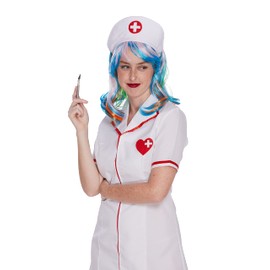 Oya Costumes Lethal Nurse Costume (M/L) with Nurse Cap + Nurse Bag + Multicolor Wig, White