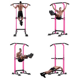 Adjustable Pull Up Bar & Dip Station, 10 Height Settings Home Gym Strength Trainer, 400lbs Capacity Multifunctional Pull-Up Dip Knee Raise Station for Men Women Compact Home Workout (Pink)