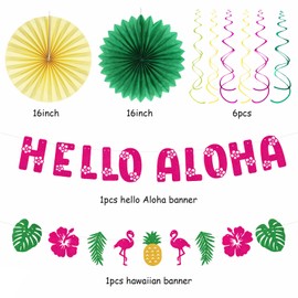 Hawaiian Aloha-Luau Flamingo Party-Decorations Supplies - 21pcs Hello Banner,Pool Paper Lanterns Honeycomb,Beach Theme Streamers Garland,Tissue Pom Poms Flowers Fan,Tropical Summer Tiki Decor Burgleda