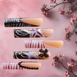 Lomxene Press on Nails Extra Long Fake Nails XXL Glue on Nails False Nails Acrylic Nails Y2K Nails Press Ons Black French Artificial Nails for Women 24Pcs (Square Long Nails)