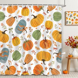 Mocsicka - Cortina de ducha con lazo de calabaza, diseño de otoño con lazo y hojas de otoño, cortina de ducha de Acción de Gracias, coqueta, calabaza, decoración de tina con 12 ganchos, 72 x 72