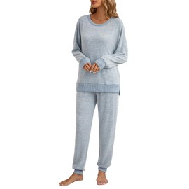 Famulily Womens 2 Piece Workout Sets Winter Outfits Crewneck Split Hem Tops with Yoga Joggers Pant Blue S