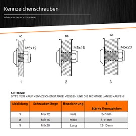 6 x License Plate Screws Set Stainless Steel Short M5 x 12 with Flange for Number Plate Holder Thickness of 2-7 mm Motorcycle, Moped, Scooter Number Plate Holder