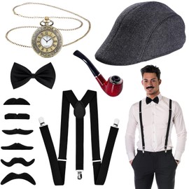 Goenb 20s Costume Men's Accessories, Mafia Costume Peaky Blinders Costume Gangster Costume Detective Costume with Gangster Hat Adjustable Braces Pocket Watch Bow Tie Beards for Carnival