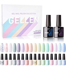 Gellen Kit de esmalte de uñas de gel de 16 colores, con capa de base superior, colección de colores frescos macaron femeninos, arte de uñas brillante 