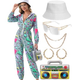 WILDPARTY 80s 90s Outfit Jumpsuit Women's Tracksuit Overall Hoodie, Jogging Suit with Inflatable Ghetto Blaster Hat Glasses Necklace Earrings Carnival Fancy Dress Theme Party Costume