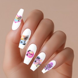 Tropical Escape Airbrush Inspired Nail Decals Fun Summer Vacation Flamingo Palm Trees Water Transfer Clear Overlay