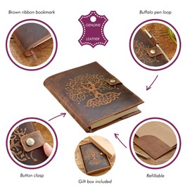 Embossed Tree of Life Genuine Buffalo Leather Refillable Journal - Handcrafted Notebook with Pen Holder Includes Unlined Recycled Cotton Paper or Lined FSC Paper and Gift Box (Lined)