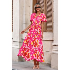 MASCOMODA Womens Summer Boho Maxi Dress Floral Wrap V Neck Flutter Short Sleeve Tie Waist A Line Tiered Flowy Long Dresses(White Pink Flower,X-Large)