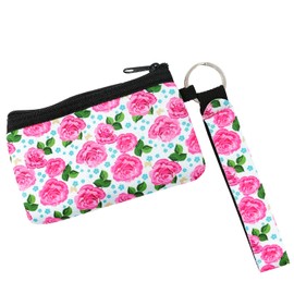 allydrew Neoprene Mini Wristlet Wallet/Credit Card ID Holder with Lanyard, Pink Roses