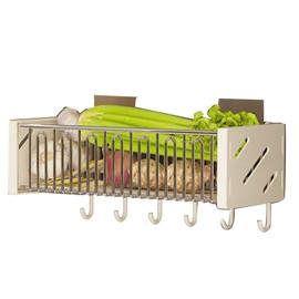 Kitchen Wall Mounted Shelf Multifunctional Hanging Drainage Organizer Basket for Vegetables Seasonings Rack + Hanging Rod 6 Hooks
