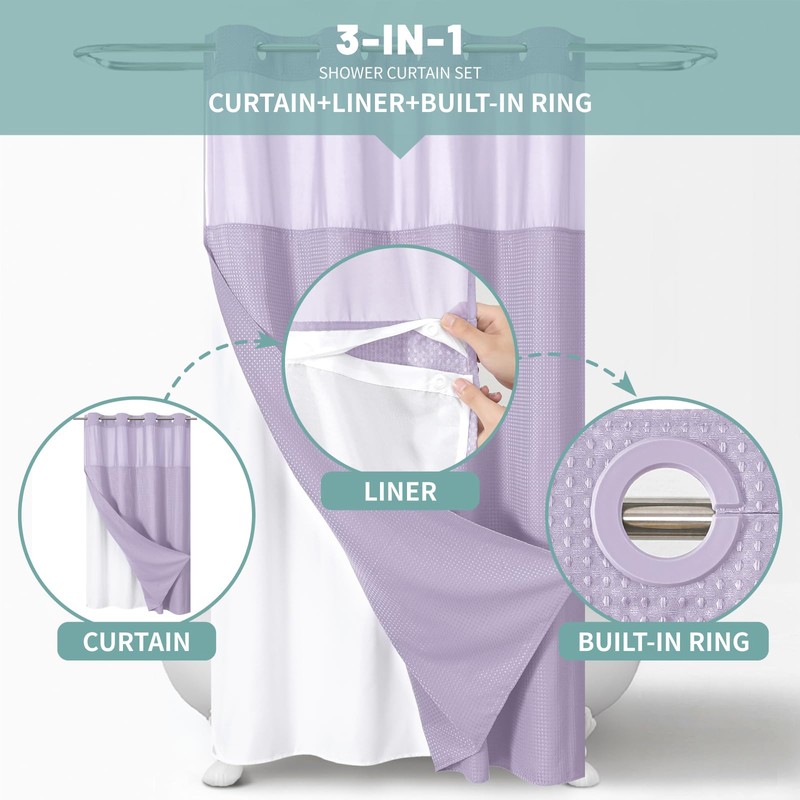 eachope Lavender No Hook Waffle Weave Shower Curtain with snap-in