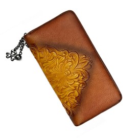 SHARPAD Wallet Genuine Leather for Women - with RFID Blocking Card checkbook ID Slot Large Capacity Vintage style, floral brown, Vintage