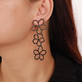 Denifery Bohemain Flowers Long Dangle Drop Black Rhinestone Flower Statement Earrings Evening Prom Pageant Earrings for Women and Girls, Metal, No Gemstone