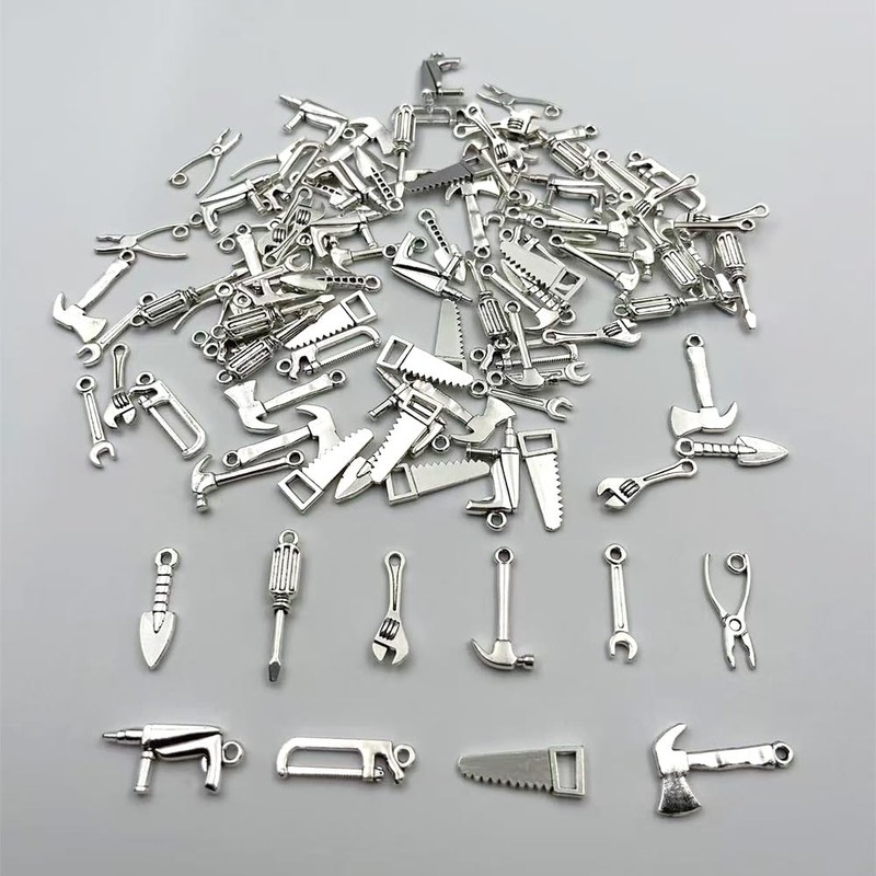 100Pcs Mini Tool Charms for Jewelry Making Hammer Wrench Tool