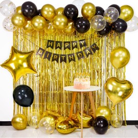 Happy Birthday Decorations for Women Black Birthday Decorations Happy Birthday Banner Gold Fringe Curtain Foil Confetti Balloons butterfly Hanging Swirls Party Decorations for Girls Cupcake Toppers