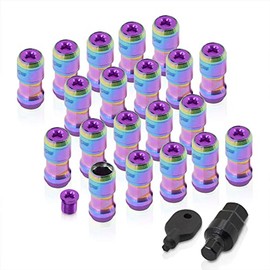AJP Distributors 20 Piece Universal M12x1.25 Open or Closed End Steel Lug Nuts, 20pc M12 x 1.25MM Lug Nut Set + Locking Adapter Key Socket Wheels Rims JDM VIP Kit Neo Chrome Body Purple Cap