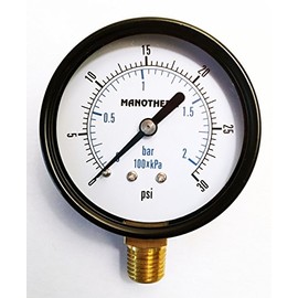 Industrial Pressure Gauges,2-1/2" Dial, 0-30 Psi/Kpa/bar Range, 2.5% Accuracy, 1/4" Male NPT Connection,Lower Mount,Brass Internal Parts,Black Steel Case