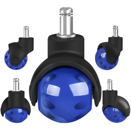 Office Chair Wheels Replacement 2 Inch Rubber Ball Caster Wheels for Wood Floor Carpet Mats, Set of 5, Heavy Duty Desk & Gaming Chair Casters 7/16" (11mm) Grip Ring Stem, Quiet Smooth Rolling (Blue)