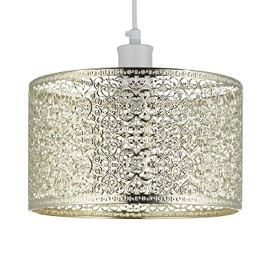 Ornate and Classic Moroccan Style Designed Shiny Plated Gold Metal Ceiling Pendant Lamp Shade 25cm x 15cm | 60w Maximum| Circular Metal Shade by Happy Homewares