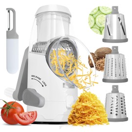 BASSWOOD Rotary Cheese Grater with Handle - Vegetable Shredder with 3 Stainless Steel Drum Blades-Vegetable Slicer Walnuts Grinder Cheese Shredder Round Mandoline with Peeler (White)