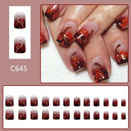 Fall Press on Nails Short Square Red brown French Fake Nails with Glitter Autumn Red Maple Leaf Designs Acrylic Nails Press ons Full Cover Stick on Nails for Women 24Pcs