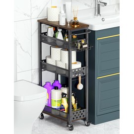 OKZEST Rolling Slim Storage Cart, 4-Tier Narrow Bathroom Organizers and Storage Cart, Metal Narrow Kitchen Laundry Room Organization Shelf with Wood Top, Slim Utility Cart with Wheels for Small Space