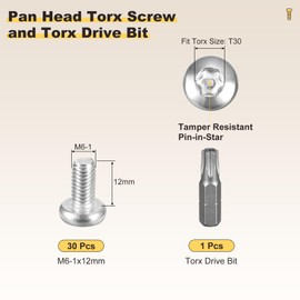 METALLIXITY Pan Head Torx Security Screw Bolts (M6-1x12mm) 30pcs, Button Torx Head Machine Screw 304 Stainless Steel with One Bit - for Furniture Woodworking Project, Silver Tone