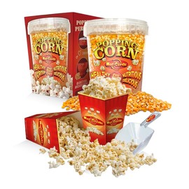 MacCorns USA Top Grade Popping Corn with 12 Popcorn Cartons & 1 Serving Scoop - 1 Litre Tub American Popcorn Kernels for Popcorn Makers, Traditional Popping & Popcorn Machines - Resealable & Reusable