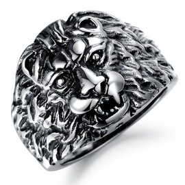 Paialco Men's Stainless Steel Lion Head Vintage Biker Ring Silver Black, Size: 9