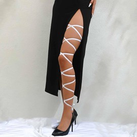 Cybche Boho Black Leg Wraps Cross Leg Garter Lace Thigh Wraps Elastic Garter Rave Lace Thigh String Summer Body Chain Jewellery for Women, Zinc alloy, No Gemstone