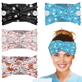 Plifal 4pcs Nurse Headbands for Women with Buttons Non Slip - Cute Dental Doctor Nursing Sweat Wicking Head Bands, Elastic Wide Turban Soft Hair Bands Accessories for Medical Healthcare Work