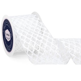 VATIN 4" White Christmas Ribbon, White Glitter Mesh Diamond Web Sequin Dots Wired Christmas Ribbon for Gift Wrapping Bow Making Wreath Supply-10 Yards