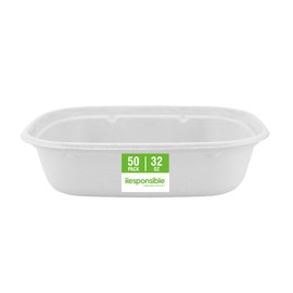Responsible Products 32 oz Rectangle Bowls I Tree-Less™ Compostable Molded Fiber Disposable Bowls I Extra Strength I NO-PFAS I Classic White (50 Count)