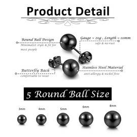 Sunligoo Stainless Steel Ball Stud Earrings Set for Cartilage, Ear Piercing, Unisex Punk Earrings in Silver, Gold, Black, Rose Gold, 10 Pieces, 3-8 mm, Stainless Steel, black