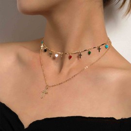 Yheakne Boho Layerer Cross Choker Necklace Rainbow Gemstone Dangle Necklace Gold Cross Pendant Necklace Love Heart Necklace Chain Jewellery for Women and Girls