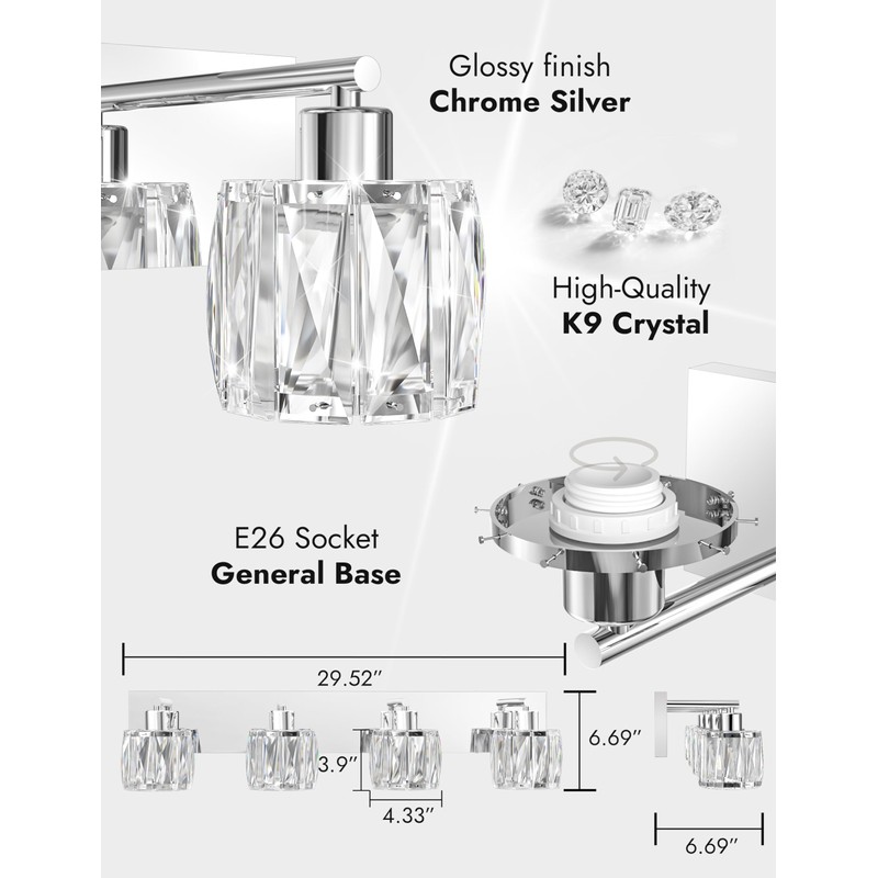 VOLISUN Crystal Vanity Lights - 4 Light Modern Stainless Steel