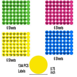 Yard Sale Stickers, 1344 Pcs Garage Sale Price Stickers 3/4" Colored Price Tags Label Stickers with Price for Yard Garage Fle Market Sale 4 Bright Colored Preprinted Dollar Pricing Labels
