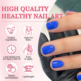 Viugex 24PCS Blue False Nails Short Square, Solid Color French Tip Press on Nails, Soft Gel Fake Nail Kit, Glossy Acrylic Glue on Nails, Reusable Artificial Full Cover Stick on Nail for Women Girls