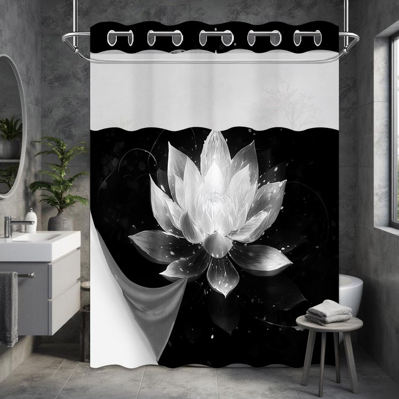 DLTAY Black and Grey Hookless Shower Curtain with Snap in