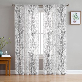 Grey Tree Branch Semi Sheer Curtains 84 inches Long Farmhouse Tree Window Treatments Curtains Light Filter Curtains Rod Pocket Drapes for Living Room Bedroom 2 Panels