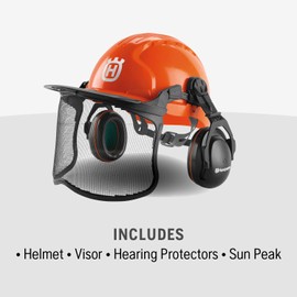 Husqvarna 592752602 Chainsaw Helmet with Metal Mesh Face Shield, Adjustable Ear Muffs for Hearing Protection, and Sun Peak, HDPE Forestry Helmet Shell, Orange